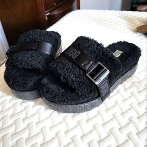 UGG Black Fluffy Slide Sandals